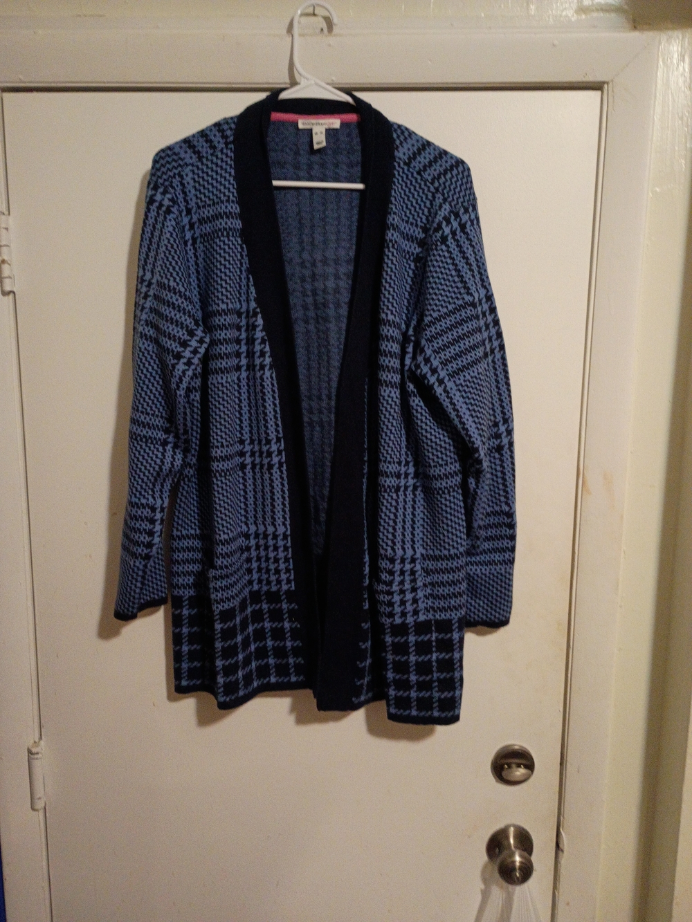 Isaac Mizrahi Navy and Light Blue Plaid Open-Front Cardigan